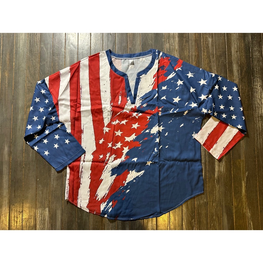 Womens American Flag Patriotic Split V Neck Long Sleeve Tunic Blouse Top Red